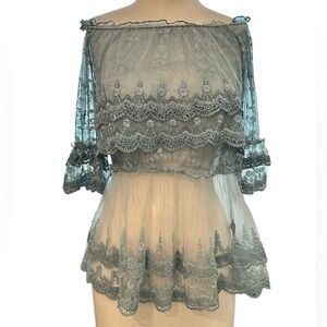 POL lace 3/4 sleeves .POL Princess Neck Lace Ruffle Trim Solid Aqua Top